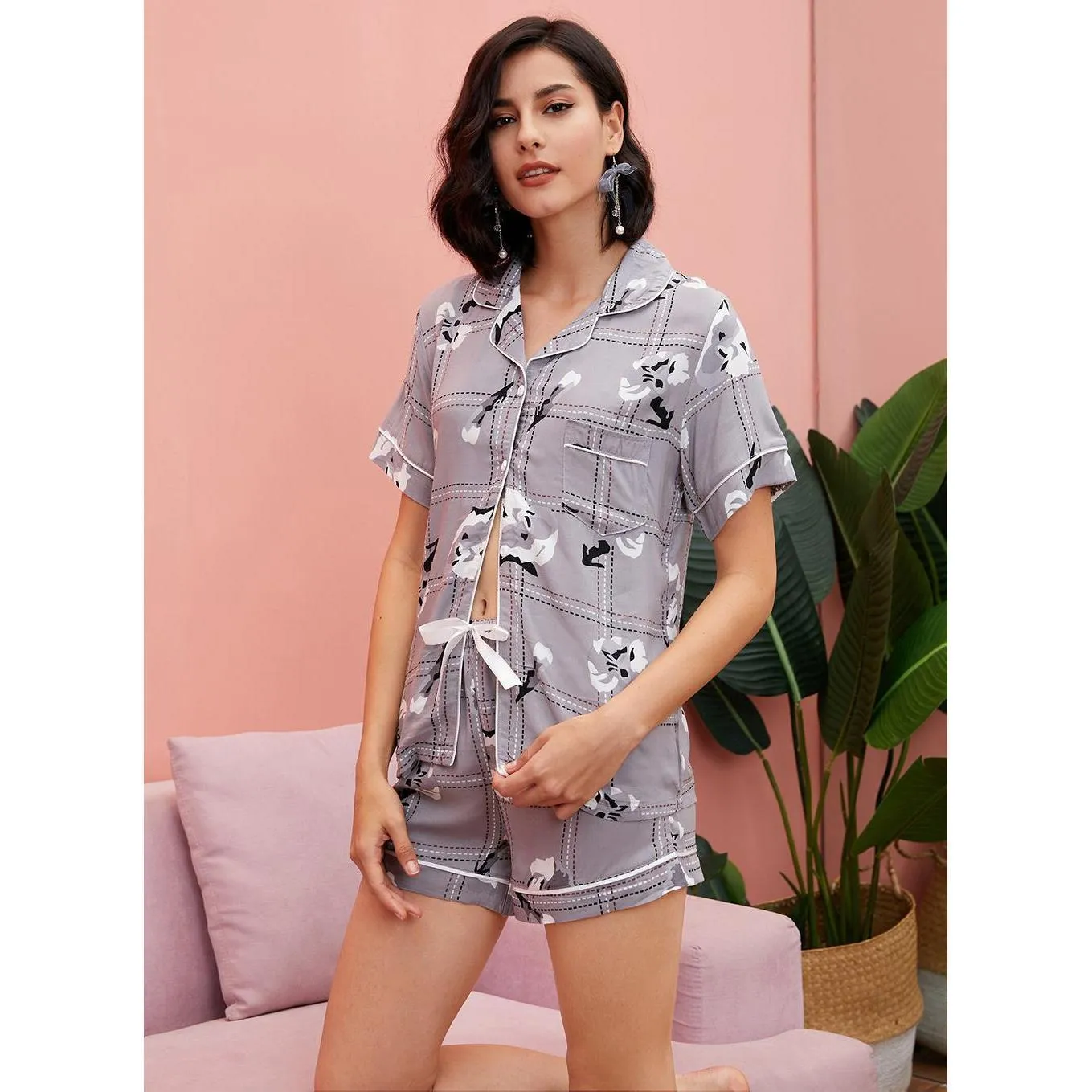 Conjunto de Pijama de Verano para Mujer Viscosa Manga Corta Cardigan con Solapa Top y Shorts Ropa de Descanso Estampado Cuadros Florales