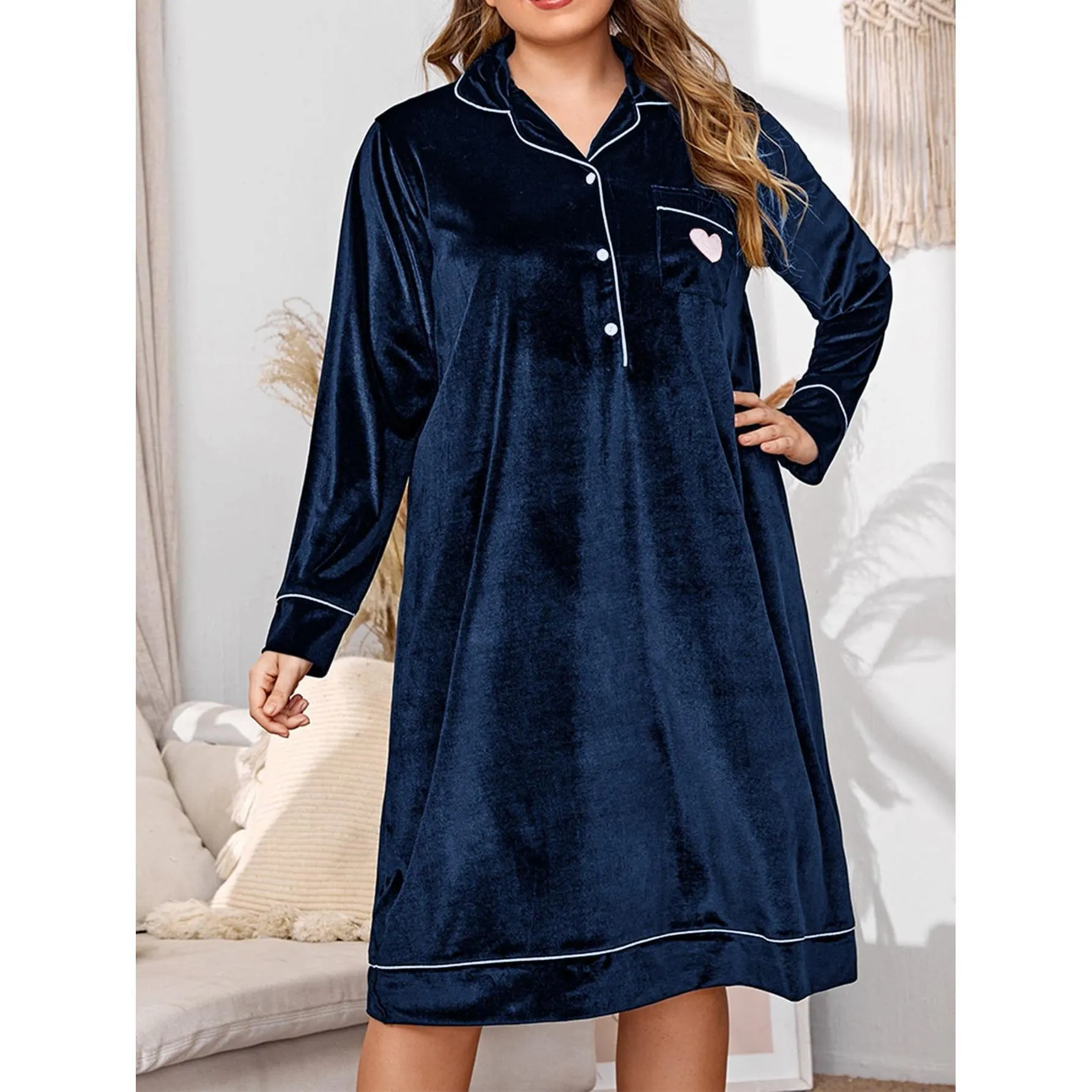 Plus Size Velvet Long Sleeve Nightgown For Women Winter Warm Fleece Sleepwear Casual Loose Maxi Sleep Dress