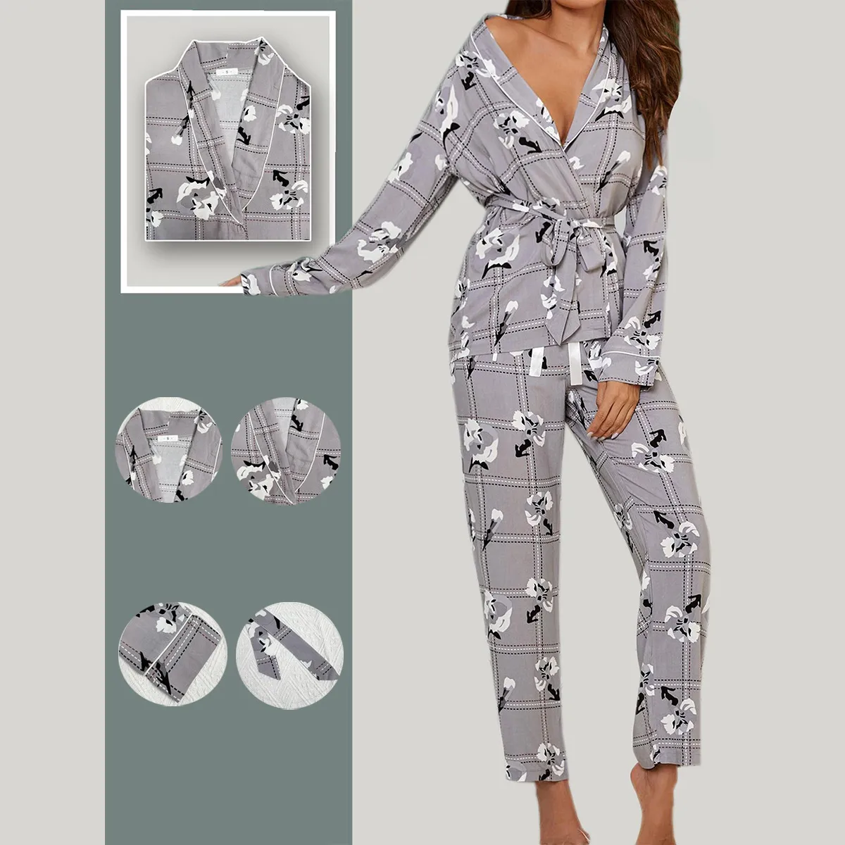 Women's Long Sleeve Pajama Set V-Neck Cardigan With Belt Floral Plaid Print Sleepwear Casual Soft Viscose Loungewear