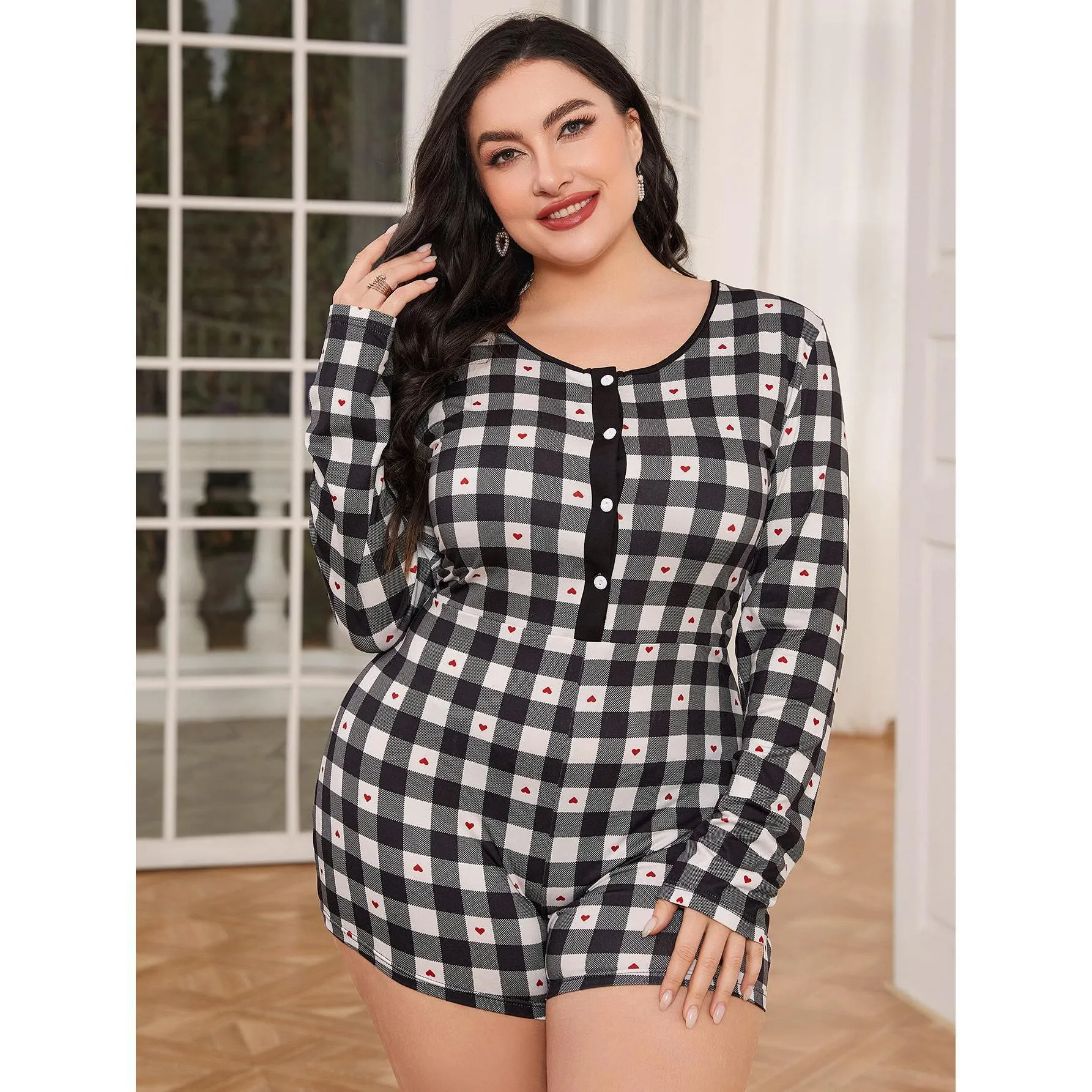Plus Size Women Long Sleeve Jumpsuit Pajamas Casual Black And White Plaid Red Heart Print Soft Loungewear Sleepwear