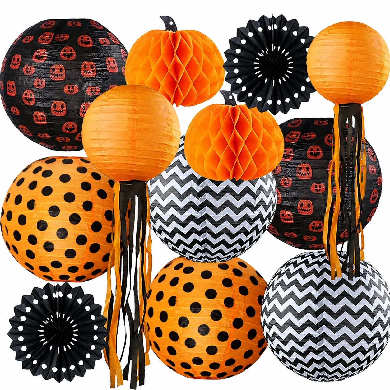 Décorations de Fête d'Halloween Citrouilles Boules en Nid d'Abeille Lanternes en Papier Fleurs Éventails Ornements Suspendus d'Intérieur