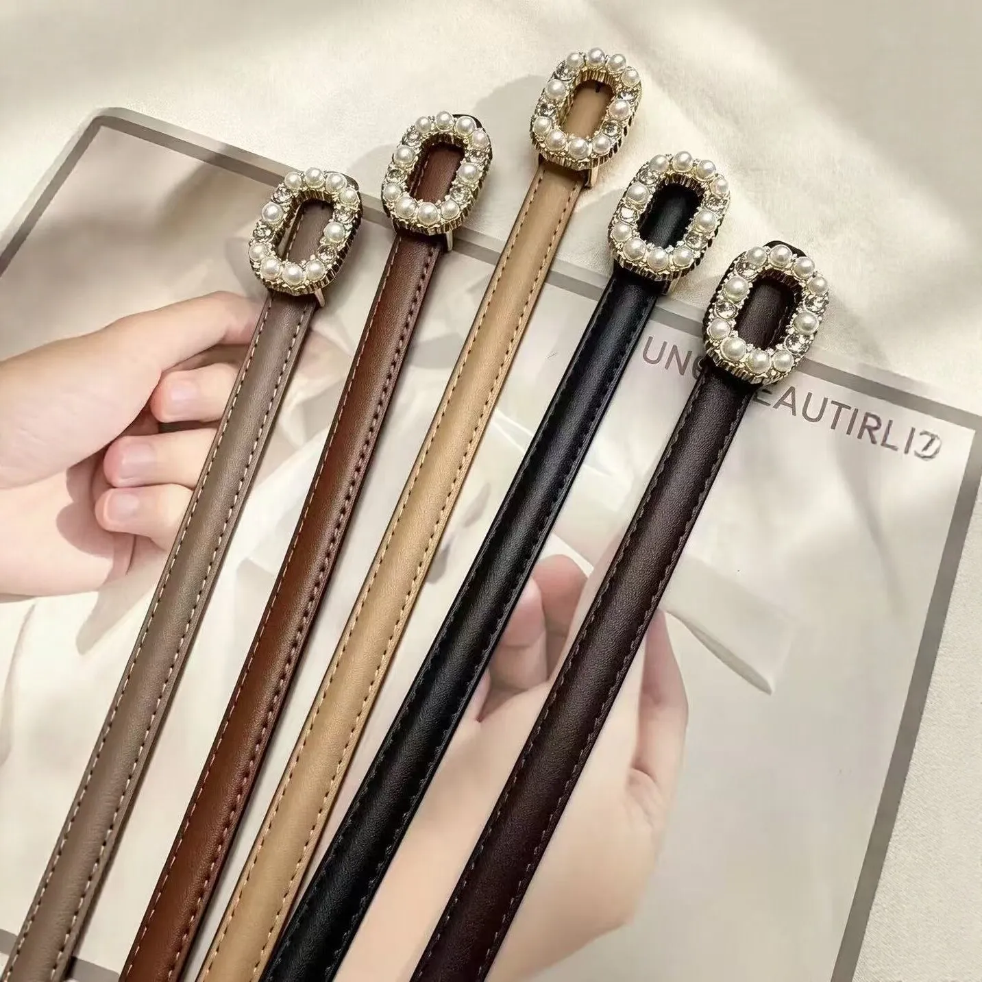 Women Genuine Leather Belt Pearl Rhinestone Buckle Thin Waistband Fashion Dress Pants Casual Accessories