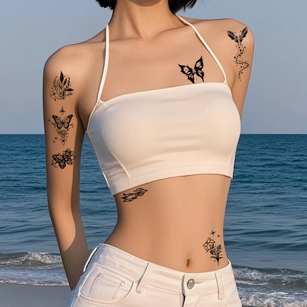 Autocollants de Tatouage Temporaire Imperméables Noir Papillon Floral Art Ligne Faux Tatouage Pour Femmes Bras Poitrine Décalcomanies