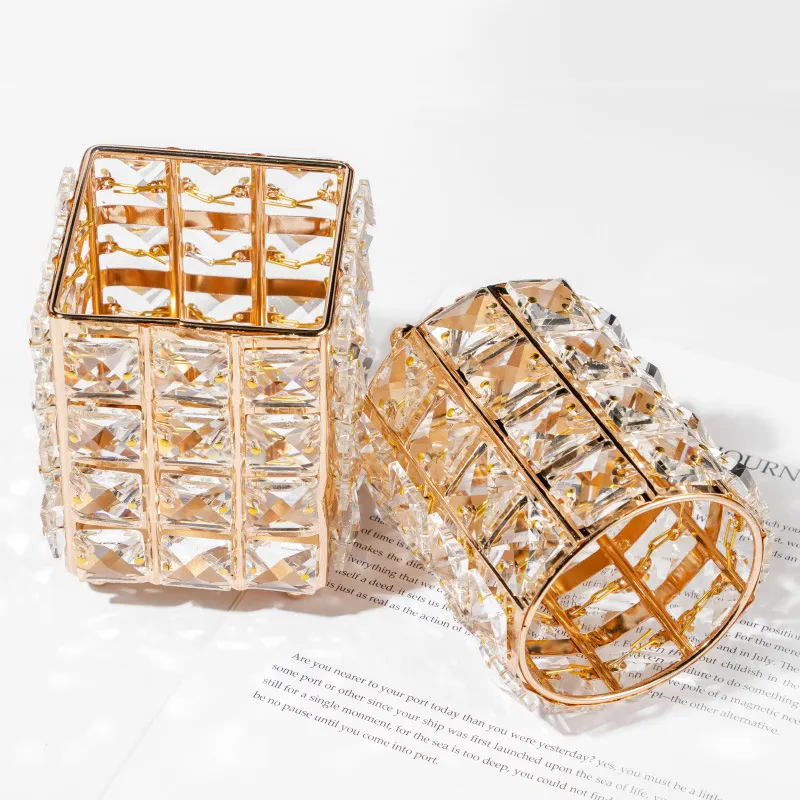 European Style Luxury Crystal Glass Pen Holder Metal Frame Makeup Brush Storage Tube Desktop Organizer Gold