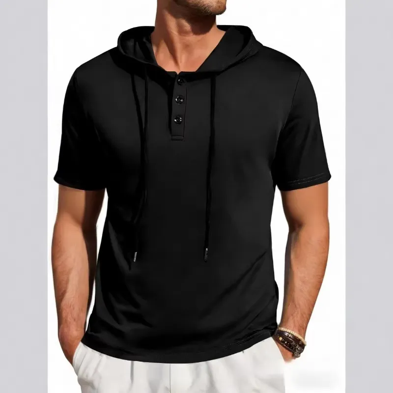 Mens Casual Short Sleeve Hooded T Shirt American Style Henley Pullover Lightweight Solid Color Summer Polyester Top