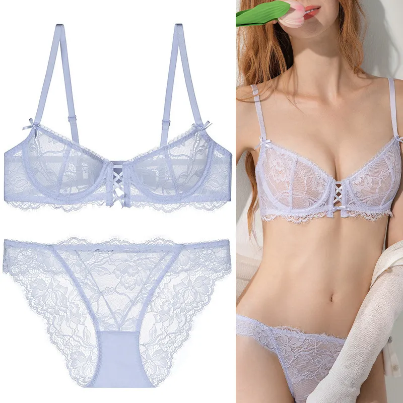 Damen Sexy Französisch Ultra Dünner Spitzen BH und Höschen Set Bügelfrei Tiefer V Unterwäsche Lingerie Set
