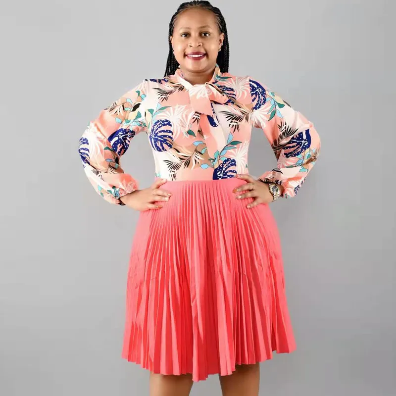 Damen Plus Size Freizeit Langarm Rundhalsausschnitt Schleife Blumen Bedruckt Plissee Midi Kleid Elegantes Damen Kleid
