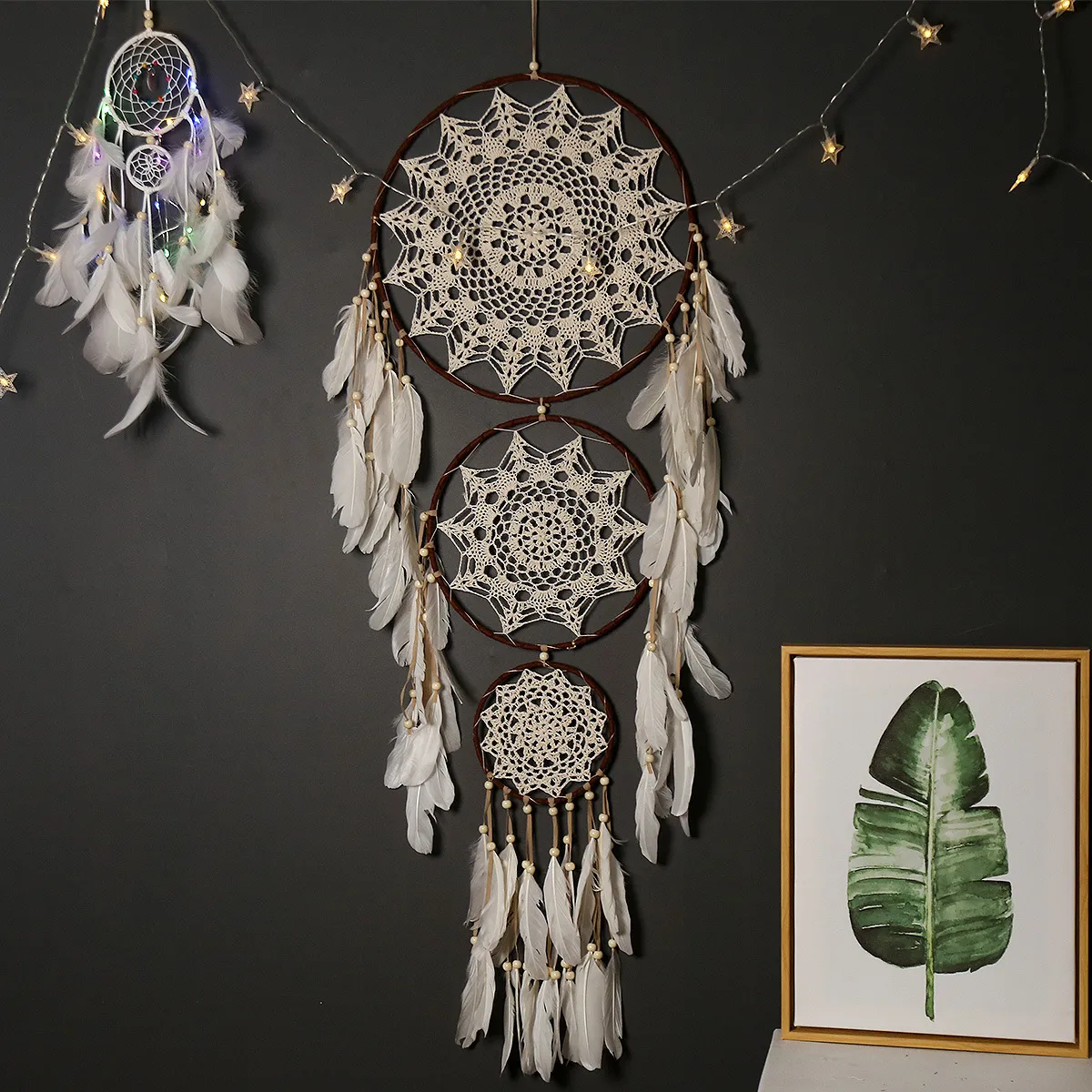 Bohemian Large Three Ring Woven Feather Dream Catcher Wall Hanging Decor Handmade Iron Ring Feather Ornament For Bedroom