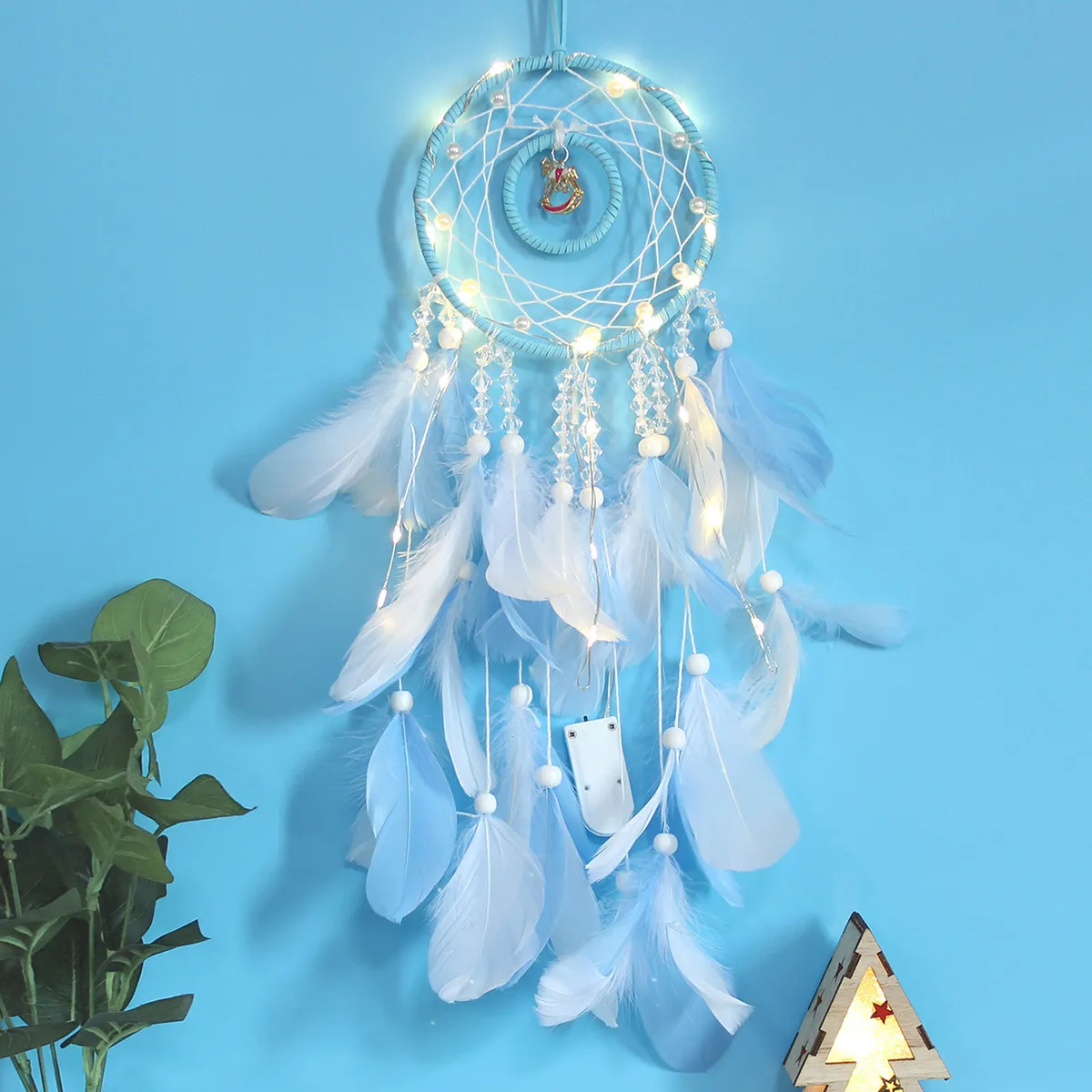 Double Circle Carousel Dream Catcher Wind Chime Cute Girl Decorative Hanging Ornament Feather Led Light Wall Decor