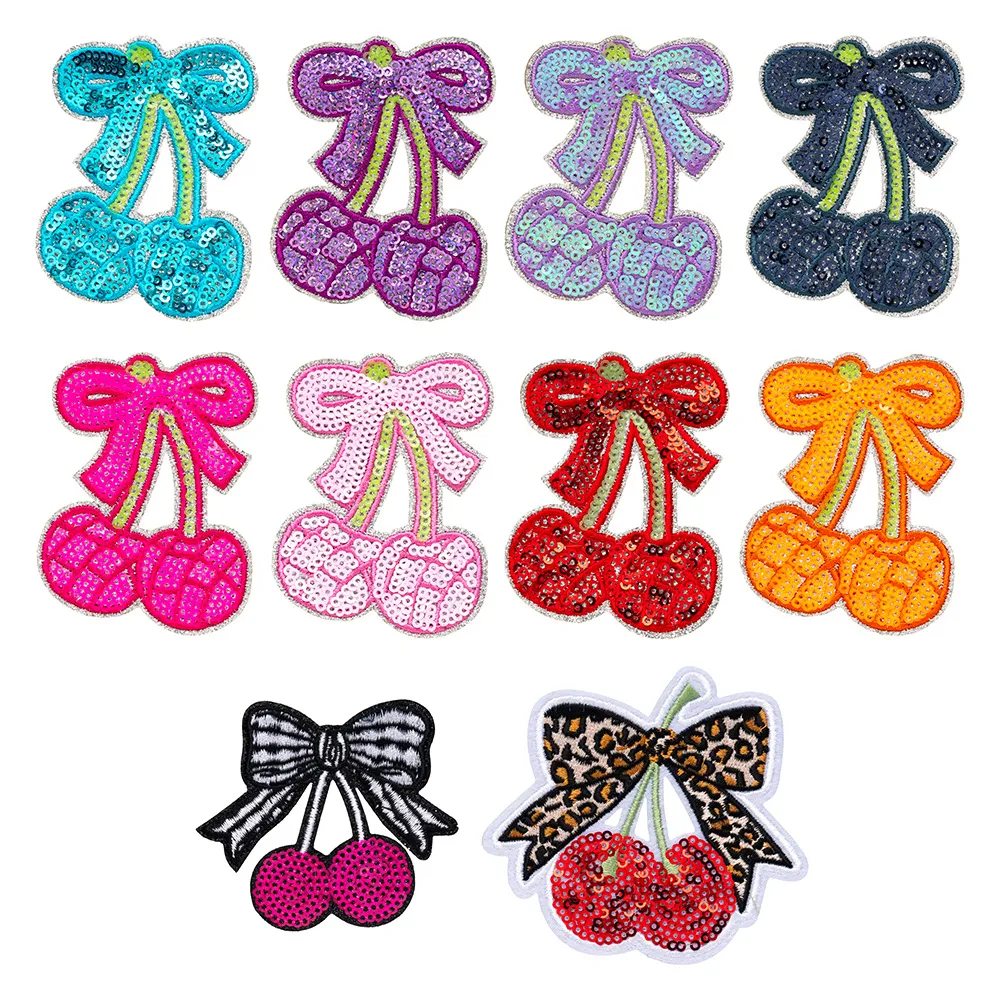 Écussons de Broderie Informatique Cerise Nœud Paillettes Thermocollant DIY Applique Décorative Pour Vêtements Sacs