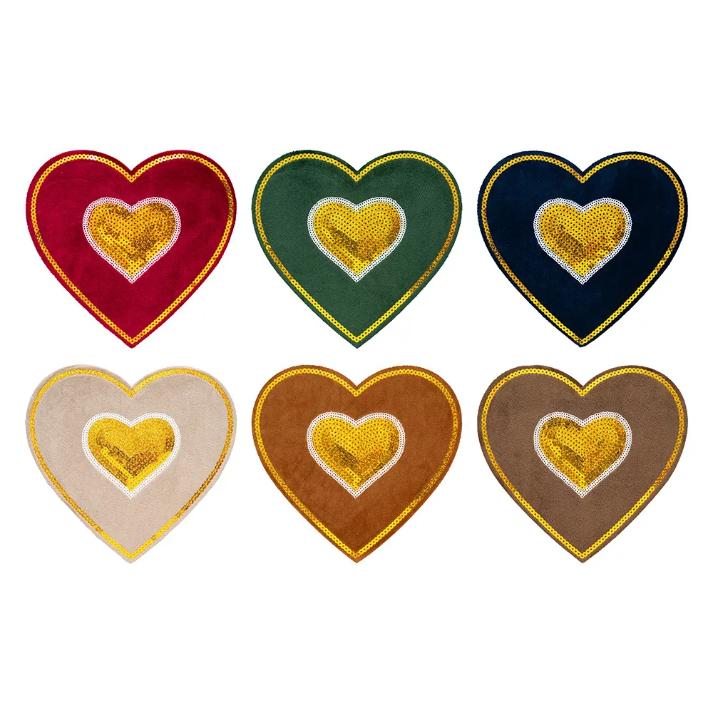 Large Love Heart Sequin Embroidery Patch Flannel Peach Heart Shape Iron On Clothes DIY Applique Clothing Accessories