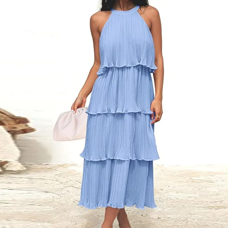 Vestido Maxi Elegante con Cuello Halter sin Mangas Plisado para Mujer Casual Color Sólido Vestido Largo de Playa Moda de Fiesta