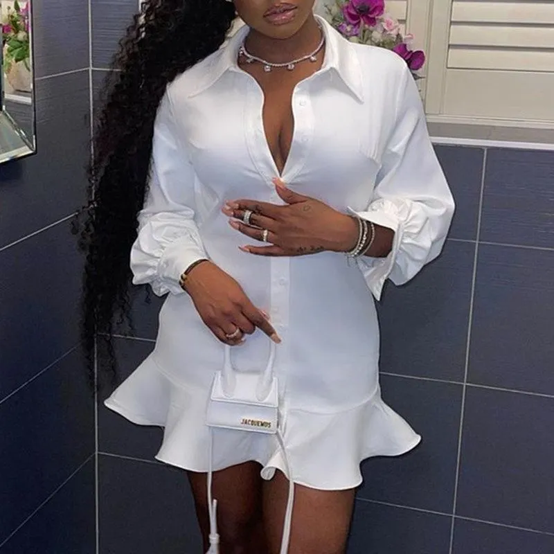Γυναικείο Casual Shirt Dress Μακρύ Μανίκι Γυριστό Γιακά Μονόκουμπι Βολάν Στρίφωμα Μονόχρωμο Κομψό Φόρεμα