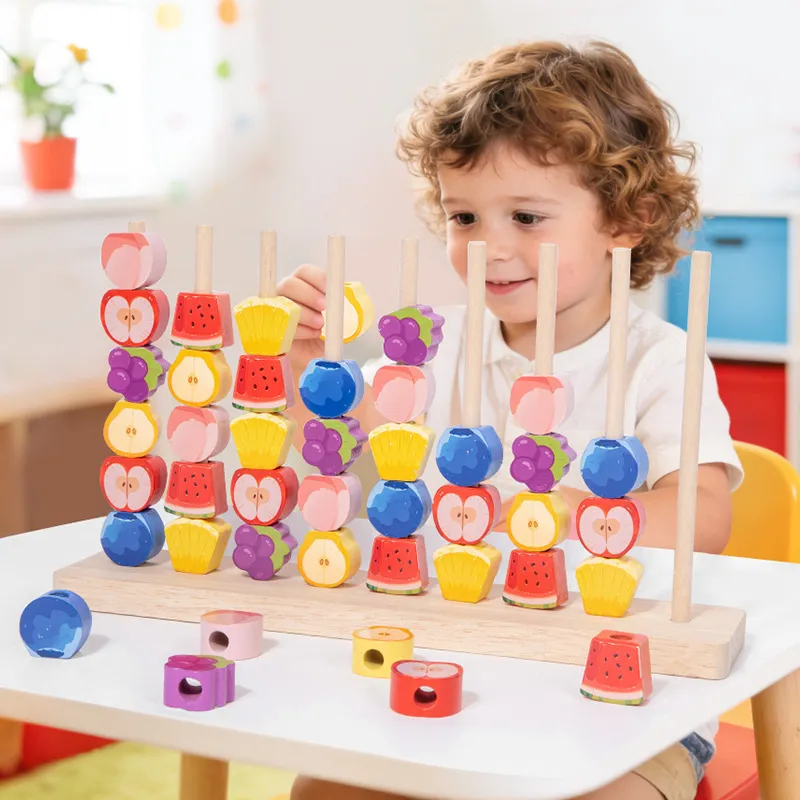 Juego de Lanzamiento de Anillos de Frutas de Madera Juguete Educativo Montessori Bloques Apilables Para Niños Reconocimiento de Colores