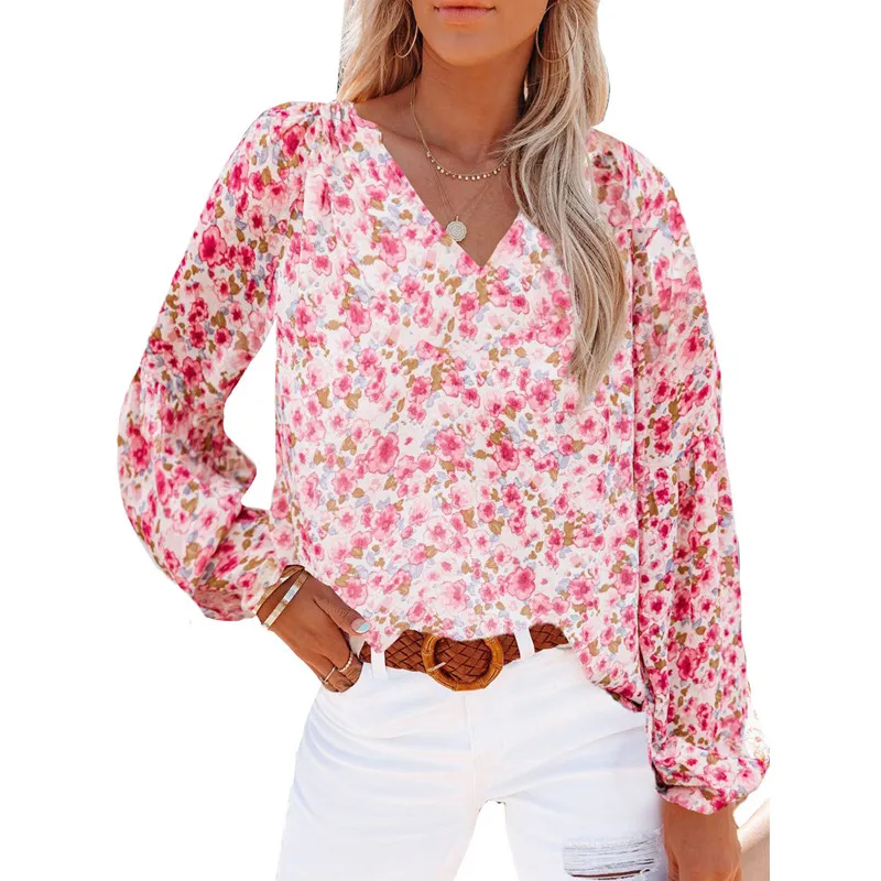 Blouse en Mousseline de Soie à Imprimé Floral Col V Manches Longues Bouffantes Élégant Haut Ample pour Quotidien