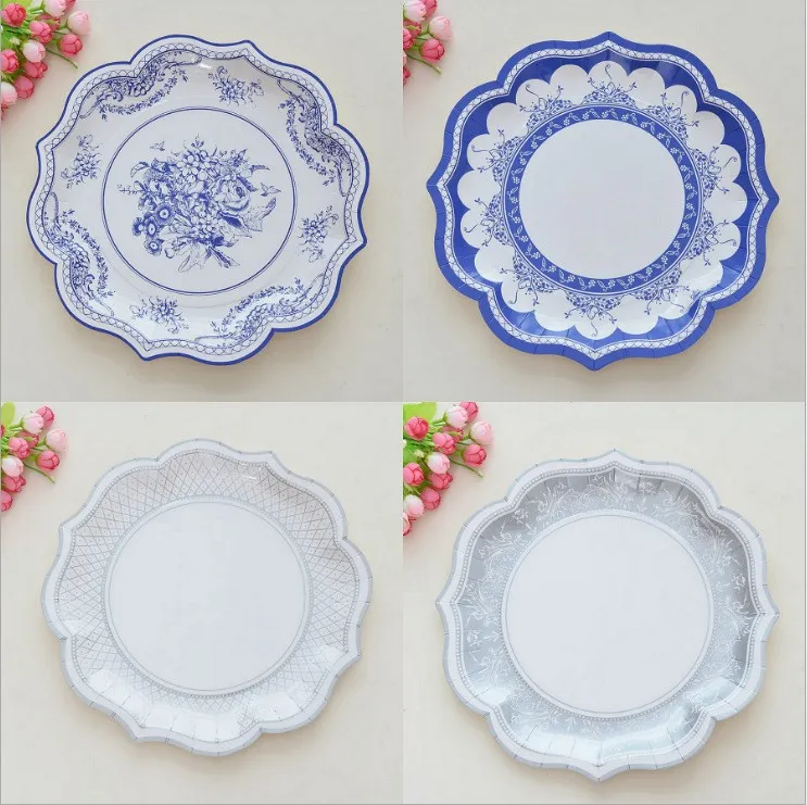 Einweg Papiereteller Blau Weiß Porzellan Stil Party Hochzeit Geschirr Retro Blumen Dekoratives Geschirr