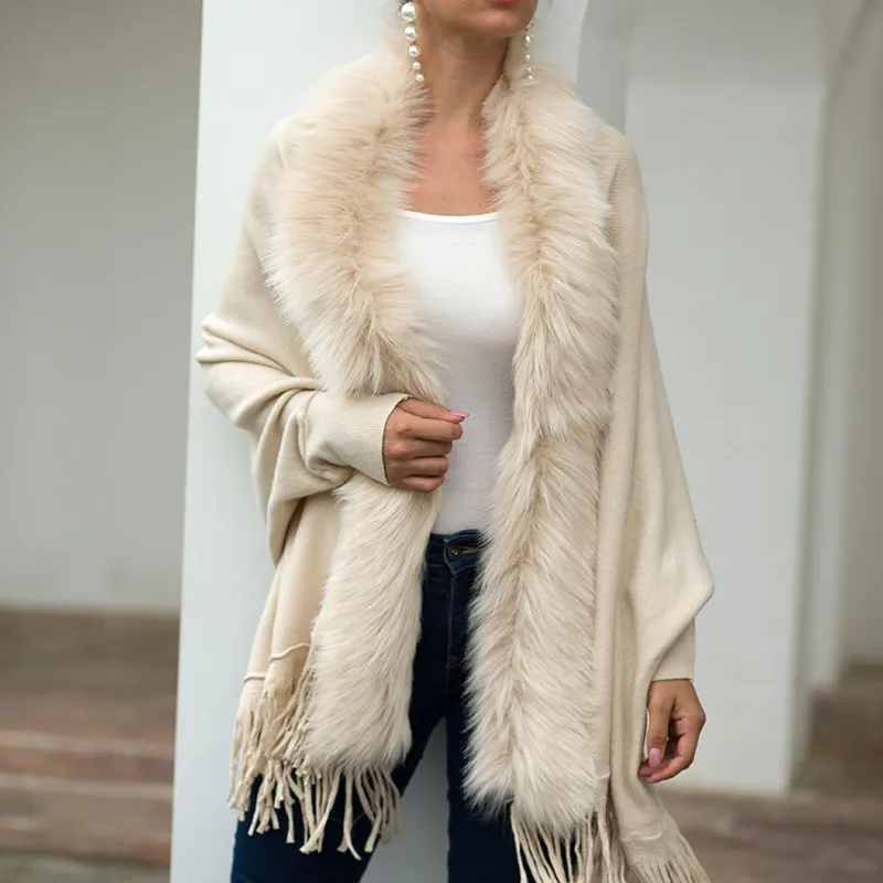 Women's Casual Loose Batwing Sleeve Faux Fur Collar Tassel Cape Poncho Open Front Cardigan Sweater For Autumn Winter