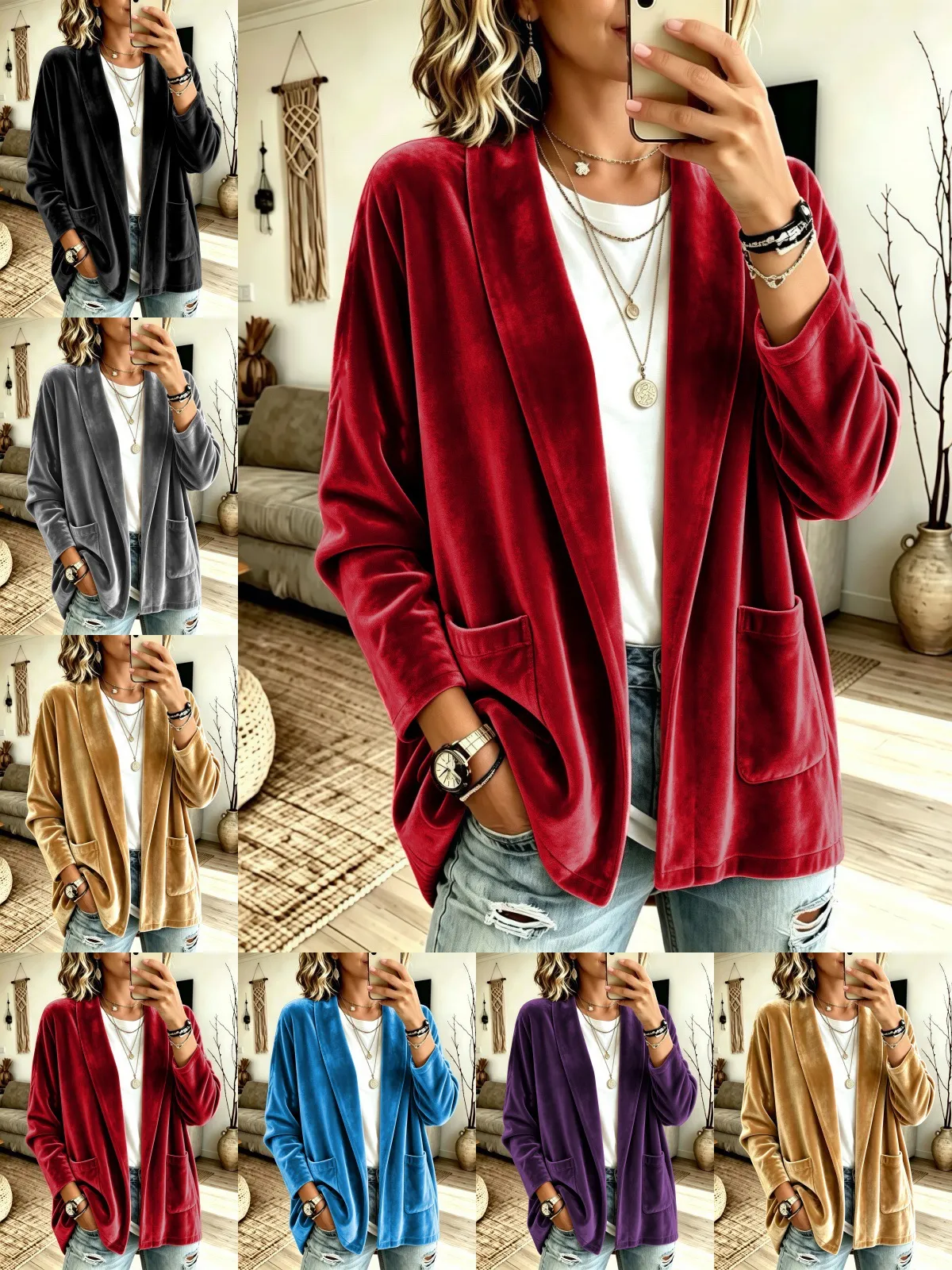 Femmes Casual Couleur Unie Velours Doré Manches Longues Devant Ouvert Cardigan Manteau Vêtement Poches Mode Automne Hiver