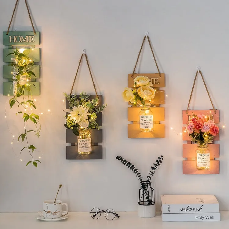 Wall Hanging Artificial Flower Basket Wooden Board Decor With Glass Bottle And LED String Lights For Home Room