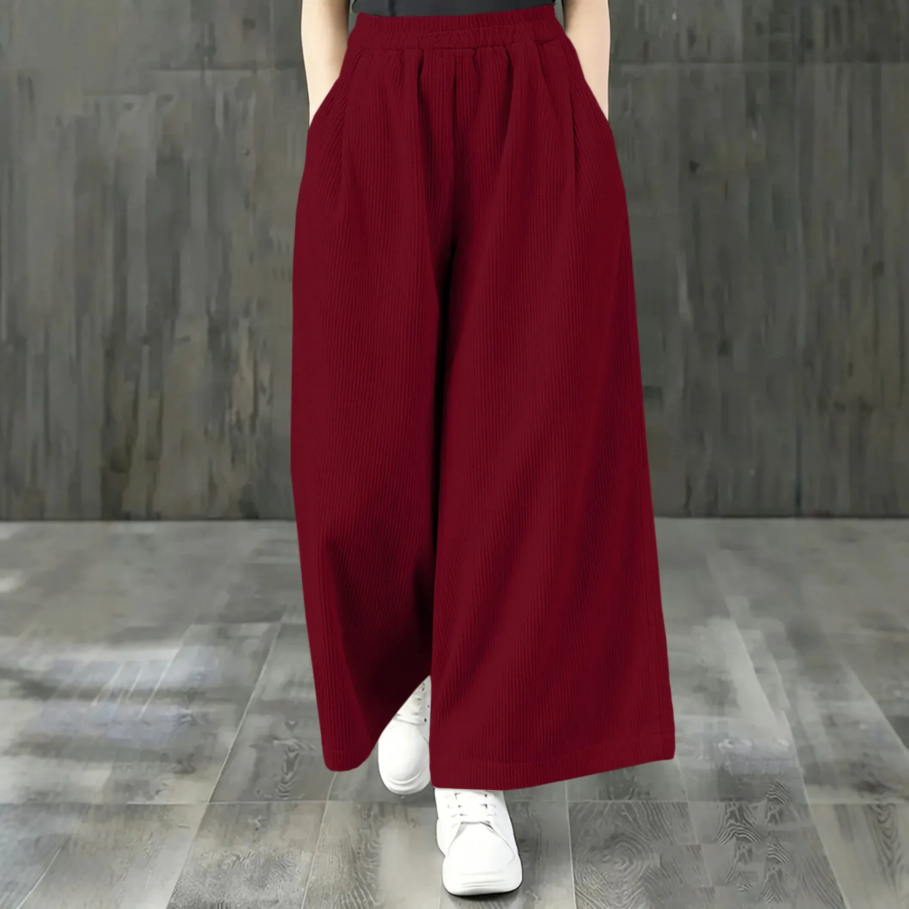Pantalon Long Droit Ample en Velours Côtelé Taille Haute Décontracté pour Femmes