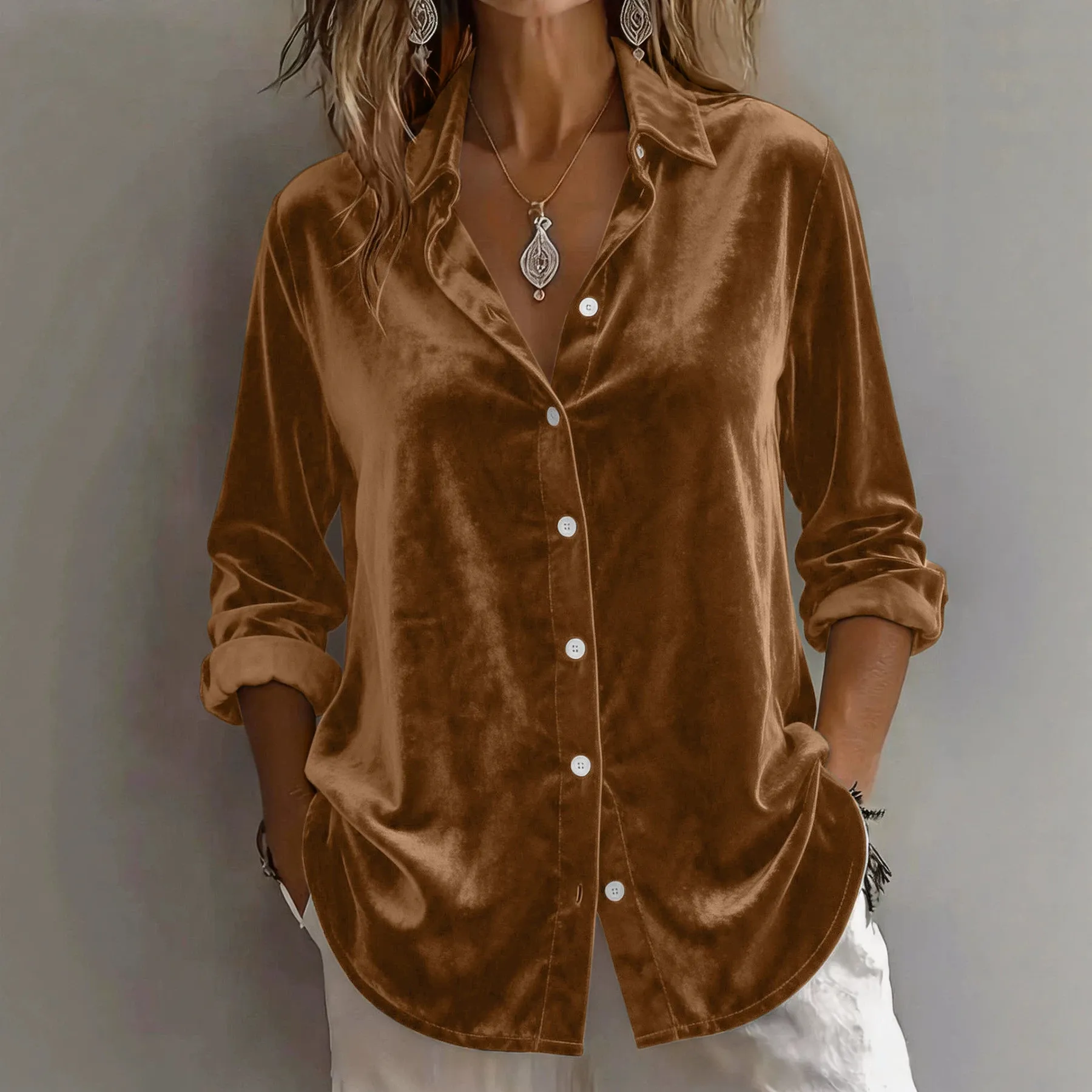 Dames Casual Lange Mouw Koreaanse Fluweel Knoop Blouse Lente Herfst Losse Effen Kleur Polo Kraag Tops
