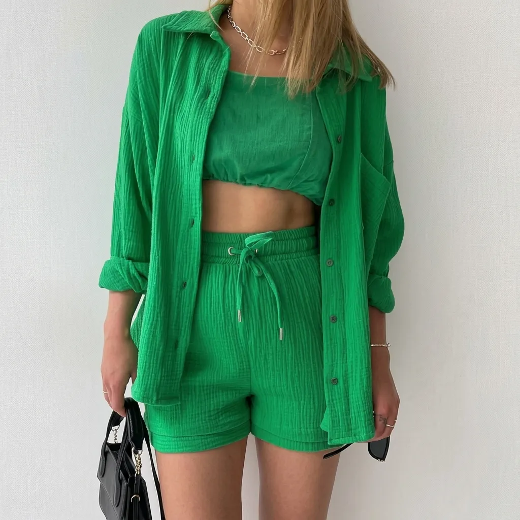 Dames Casual Gekreukelde Katoenen Outfit Top En Bottom Lange Mouw Revers Overhemd Hoge Taille Trekkoord Shorts Vakantie Lounge Wear
