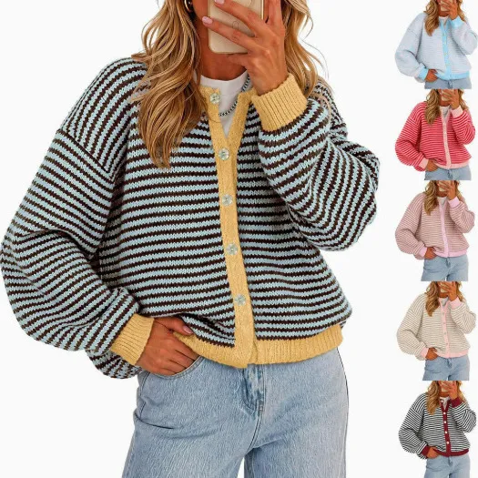 Women Casual Striped Knit Cardigan Round Neck Long Sleeve Button Up Loose Fit Sweater Jacket For Autumn Winter