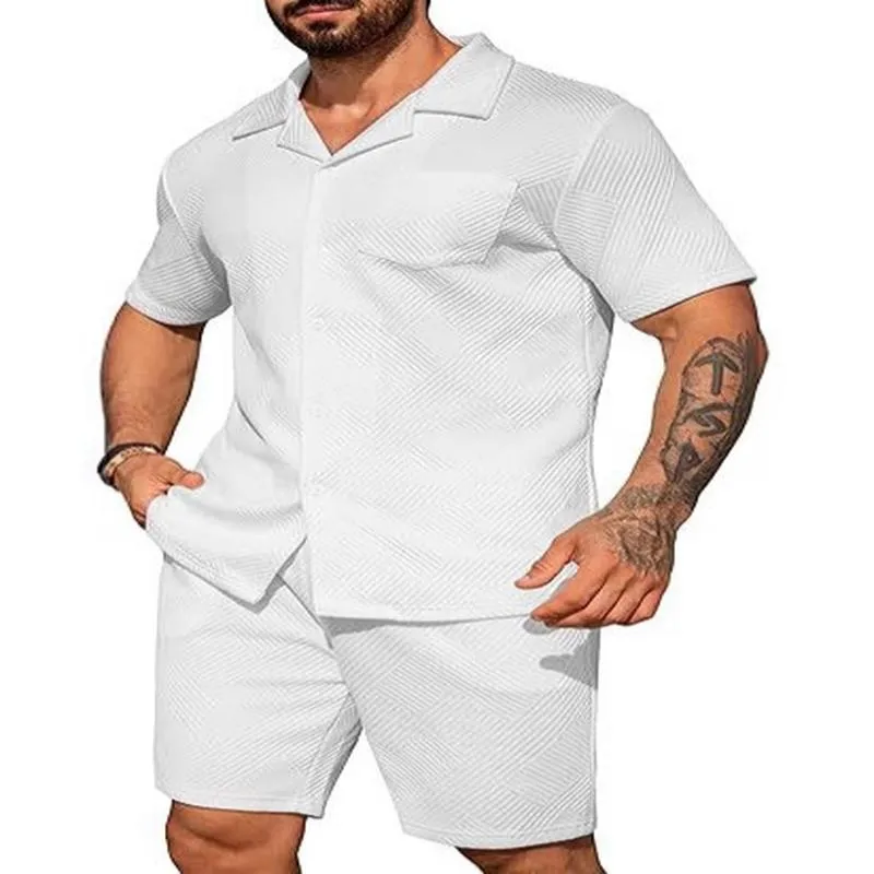 Ensemble Décontracté d'Été pour Hommes Cardigan à Manches Courtes Col Rabattu et Short Tenue de Plage de Vacances Ensemble de Vêtements pour Hommes