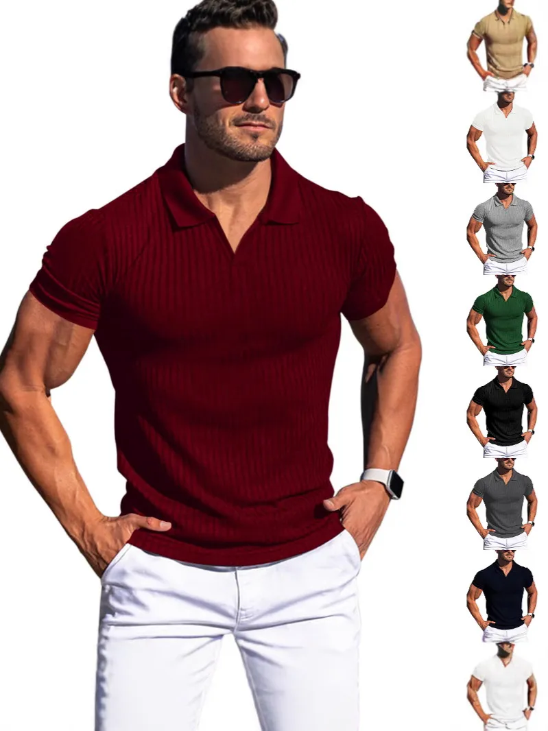 Men's Casual Slim Fit V Neck Short Sleeve Polo Shirt Vertical Striped Summer Athletic Top
