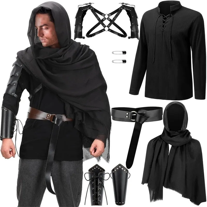 Men Halloween Medieval Renaissance Costume Set Pirate Shirt Hooded Scarf PU Leather Belt Bracer Cosplay Outfit