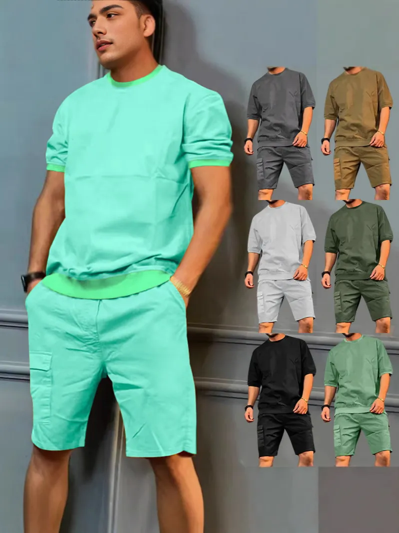 Mens Summer Casual Sports Cargo Shorts Set Short Sleeve T-Shirt And Multi-Pocket Shorts Activewear Outfit