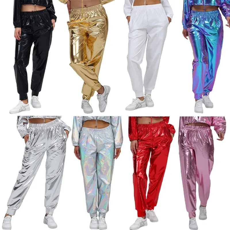 Dames Casual Metallisch Glanzende Hoge Taille Trekkoord Broek Mode Streetwear Performance Lange Broek