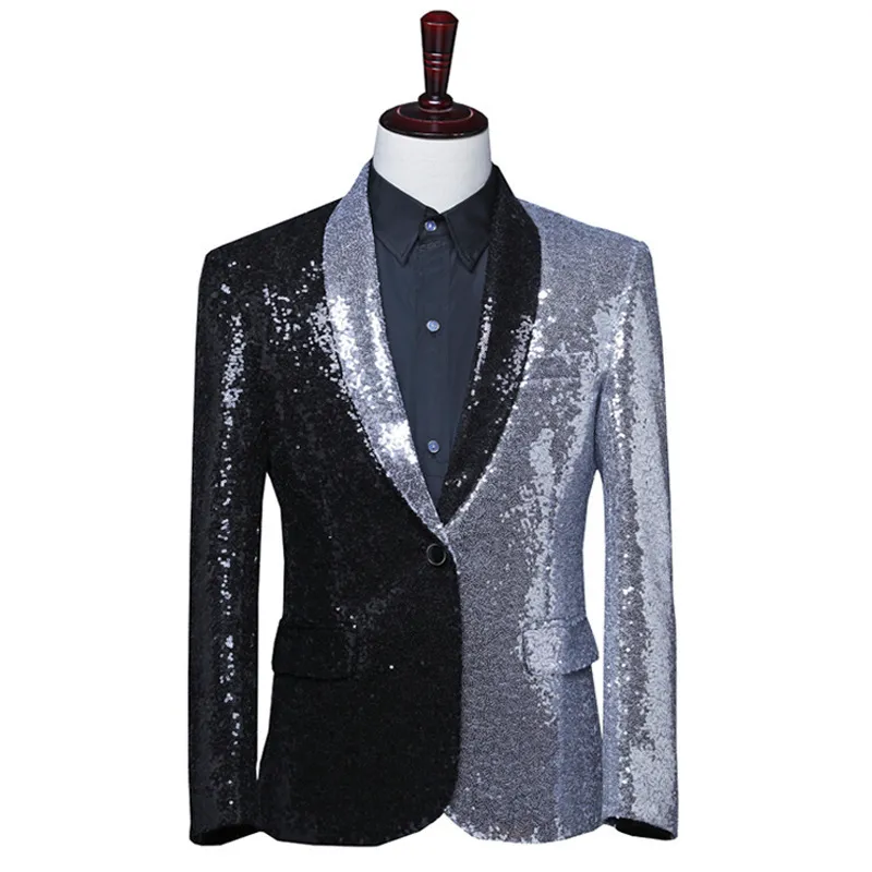 Men's Sequined Blazer Jacket Asymmetric Colorblock Shiny Tuxedo Coat for Stage Party Singer Host Fashion Outerwear