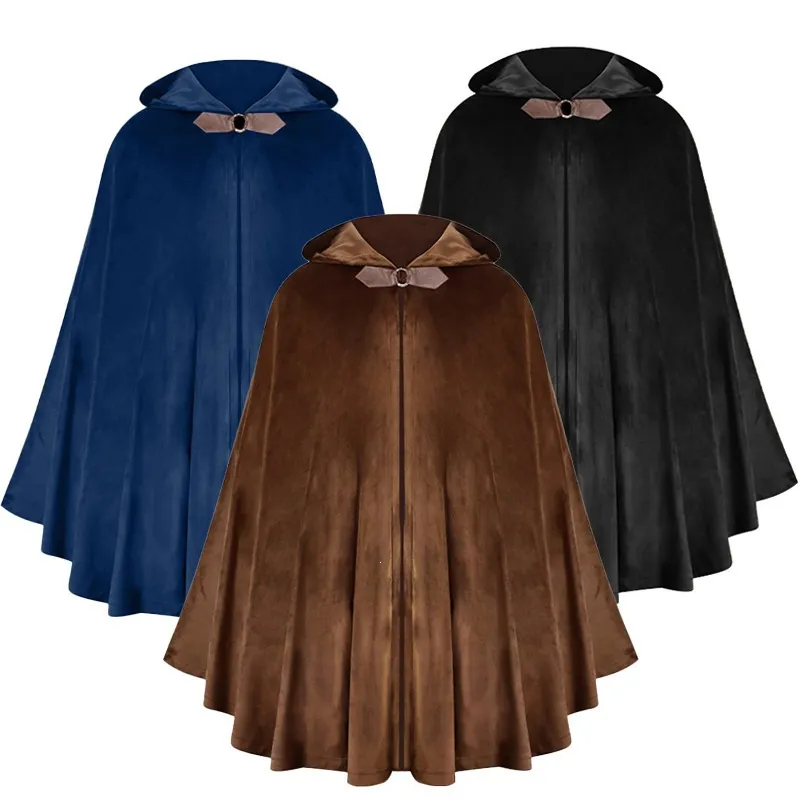 Halloween Uomini Mantello con Cappuccio Scialle Vampiro Medievale Abito da Pirata Ranger Costumo da Performance Velluto Lunga Mantello