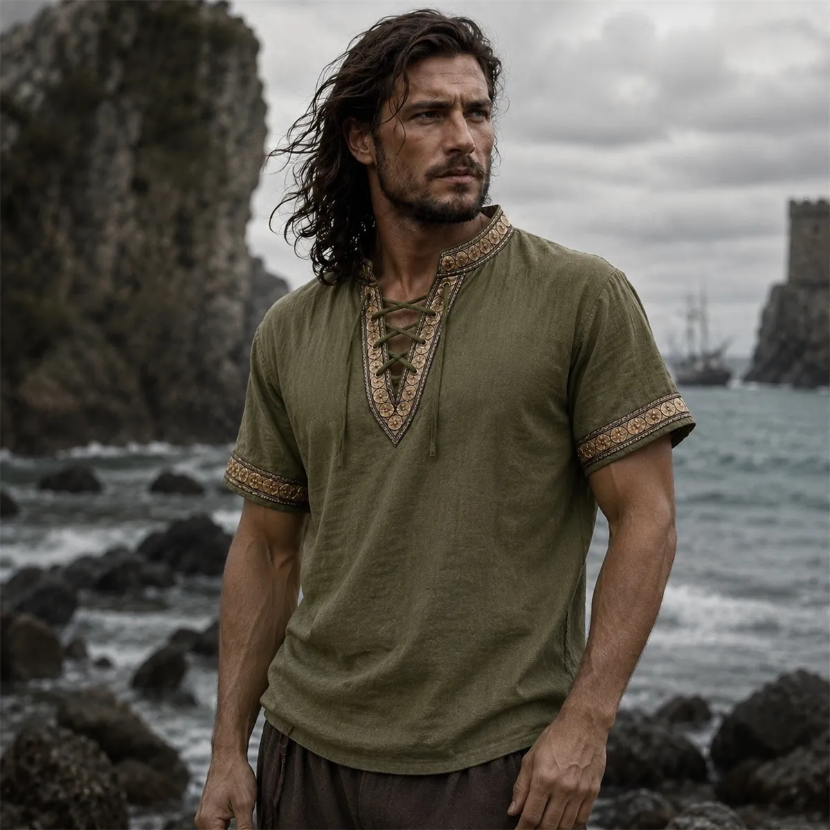 Men Medieval Pirate Shirt Cotton Lace Up Renaissance Shirt Viking Vintage Scottish Halloween Cosplay Costume Top