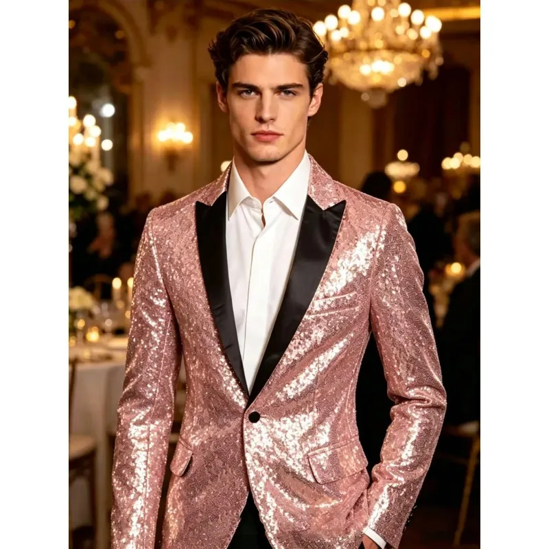 Veste de Costume à Paillettes Brillantes pour Hommes Manches Longues Blazer Un Bout pour Performance sur Scène Fête Boîte de Nuit