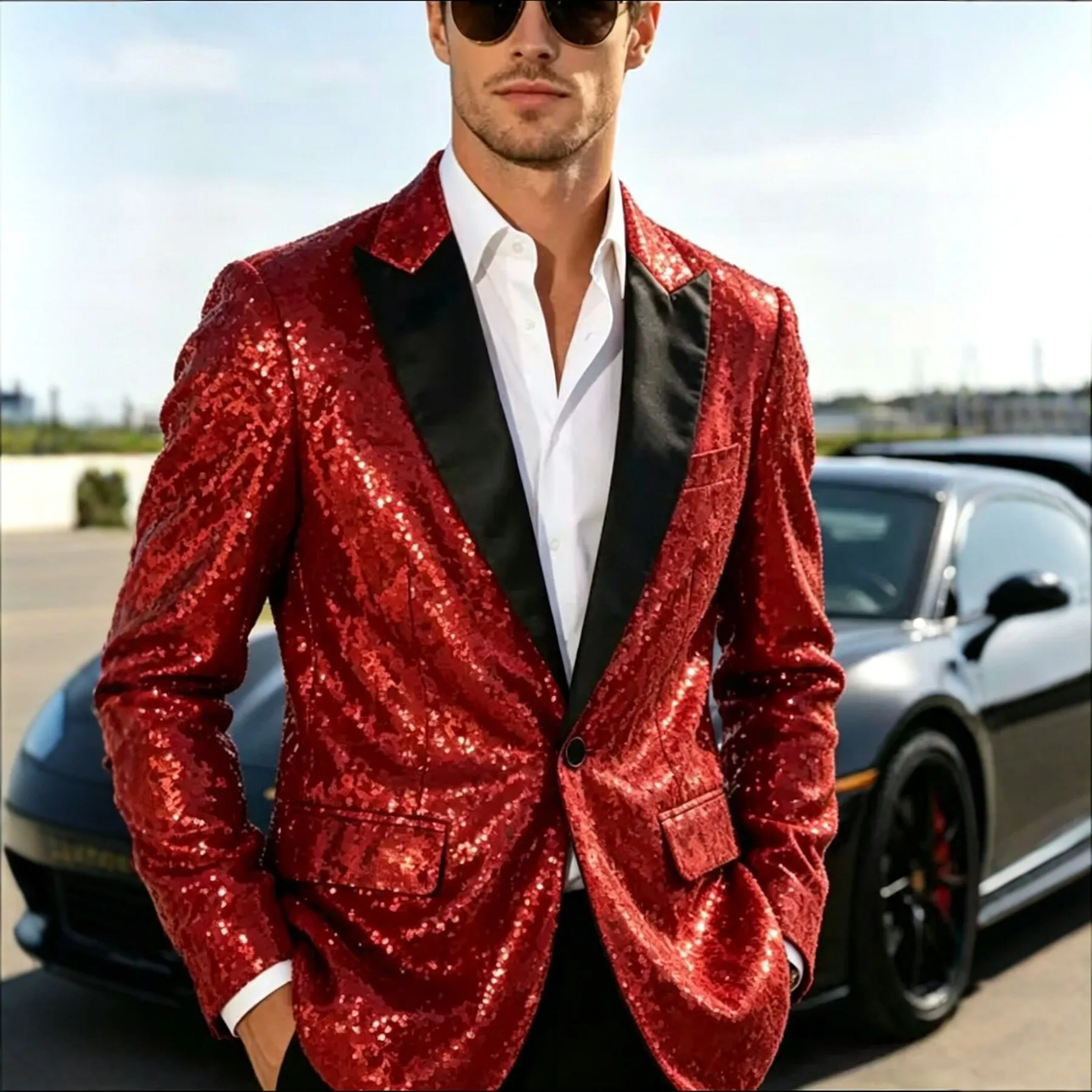 Chaqueta de Traje con Lentejuelas para Hombre Casual Slim Fit Un Botón Solapa de Muesca Blazer para Fiesta Escenario