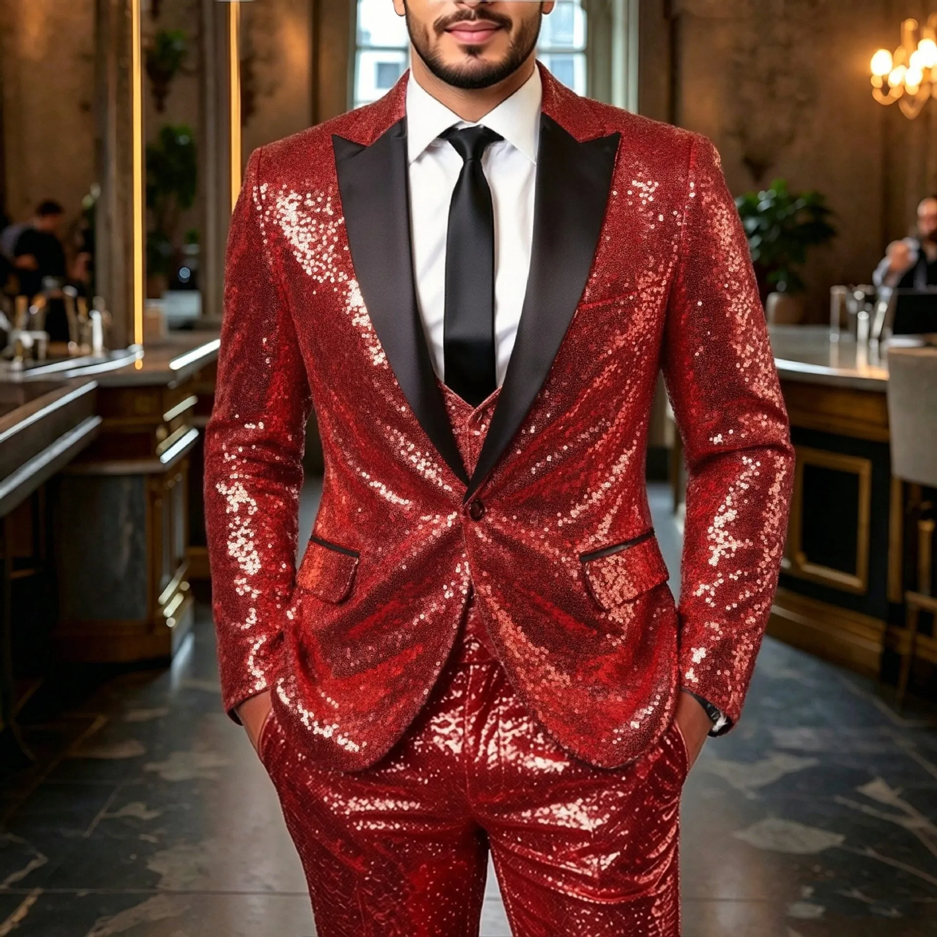 Men's Sequin Suit Set Slim Fit Single Button Blazer And Trousers Shiny Party Club Stage Performance Two Piece Outfit