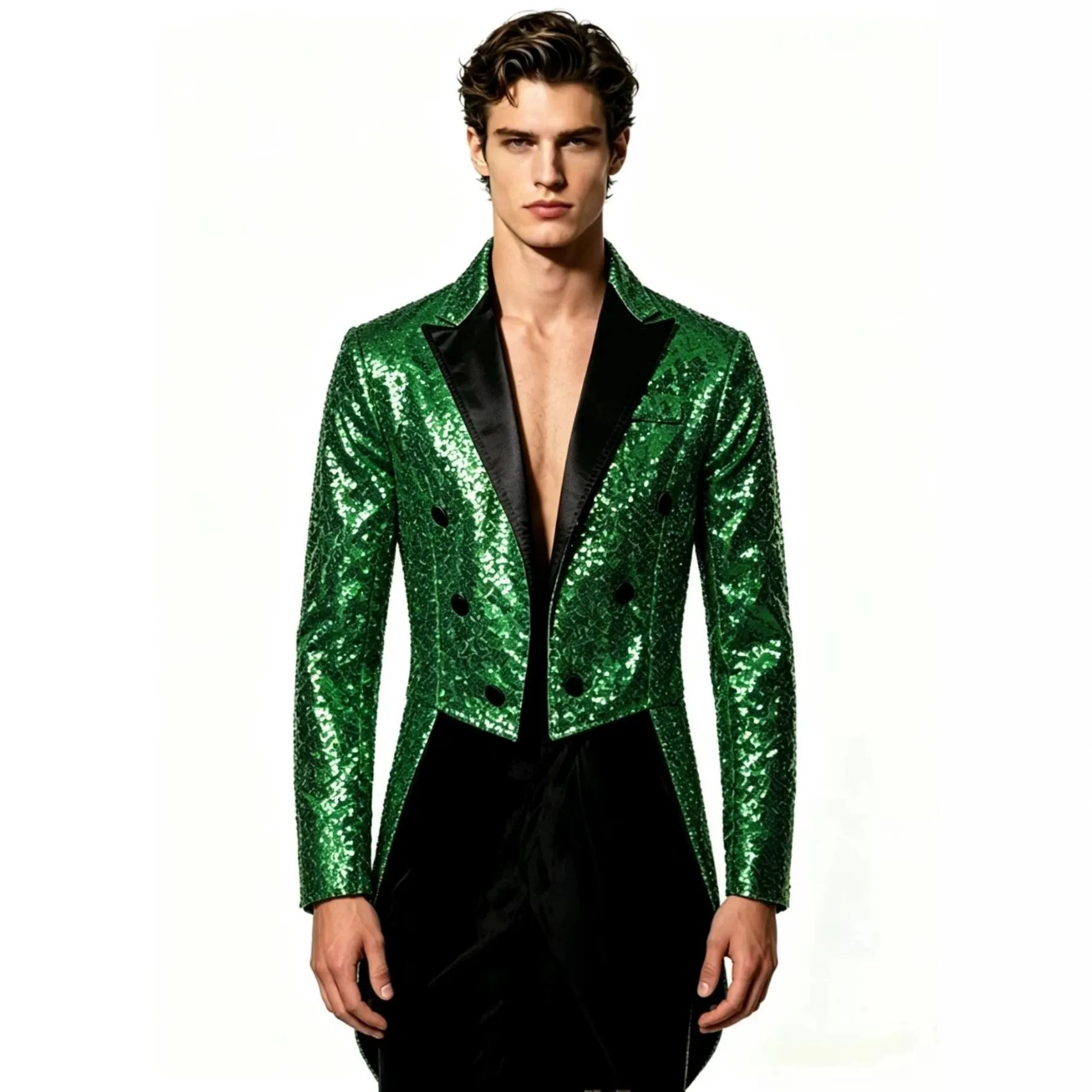 Men's Fashion Sequin Suit Tailcoat Nightclub Banquet Performance Slim Fit Long Sleeve Double Breasted Blazer Outerwear
