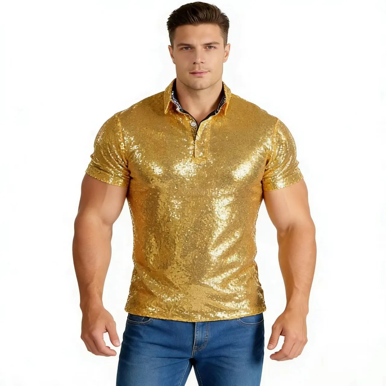 Men Vintage Disco Sequined Polo Shirt 70s Party Carnival Costumes Short Sleeve Top