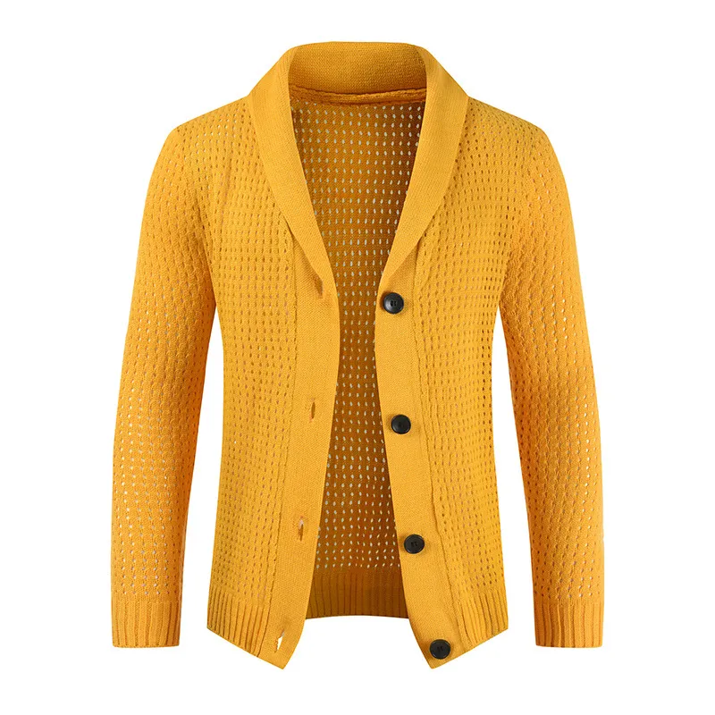 Herren Casual Cardigan Pullover Einreiher Revers Durchbrochenes Häkelmuster Langarm Strickwaren Herbst Winter Oberteil