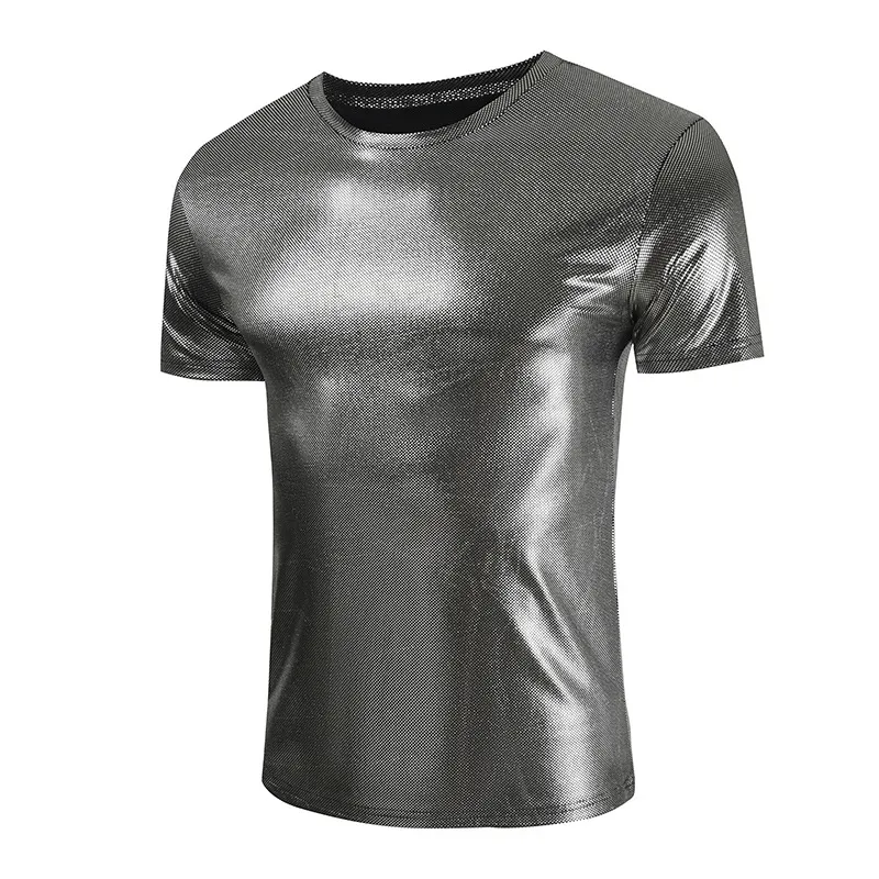 Camiseta Casual de Manga Corta con Cuello Redondo para Hombre Corte Ajustado Metálico Brillante Color Sólido Top de Verano