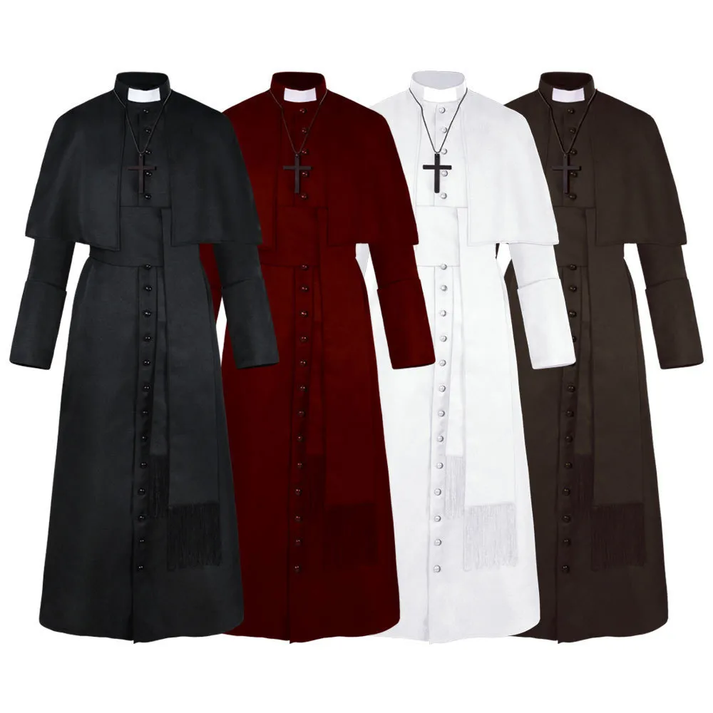 Costume de Cosplay de Prêtre Médiéval pour Hommes Robe Longue Couleur Unie Avec Cape Collier de Croix Fête d'Halloween
