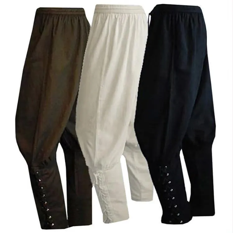 Mens Retro Medieval Pirate Pants Casual Loose Drawstring Cuffed Trousers Cotton Blend Vintage Viking Cosplay Bottoms