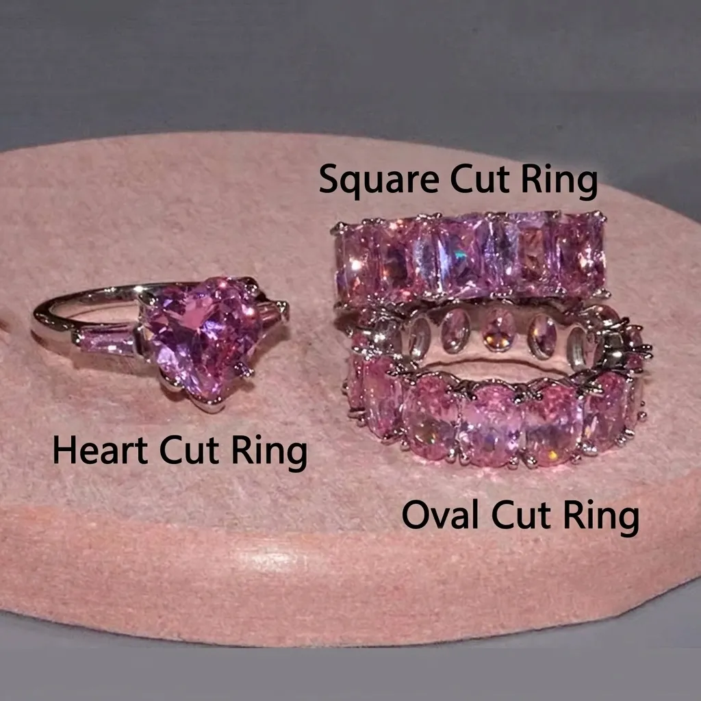 Hip Hop Rosa Strass Ring Für Damen Geometrisches Herz Rechteck Oval Rosa Edelstein Ewigkeit Ring Versilberter Kupfer Schmuck