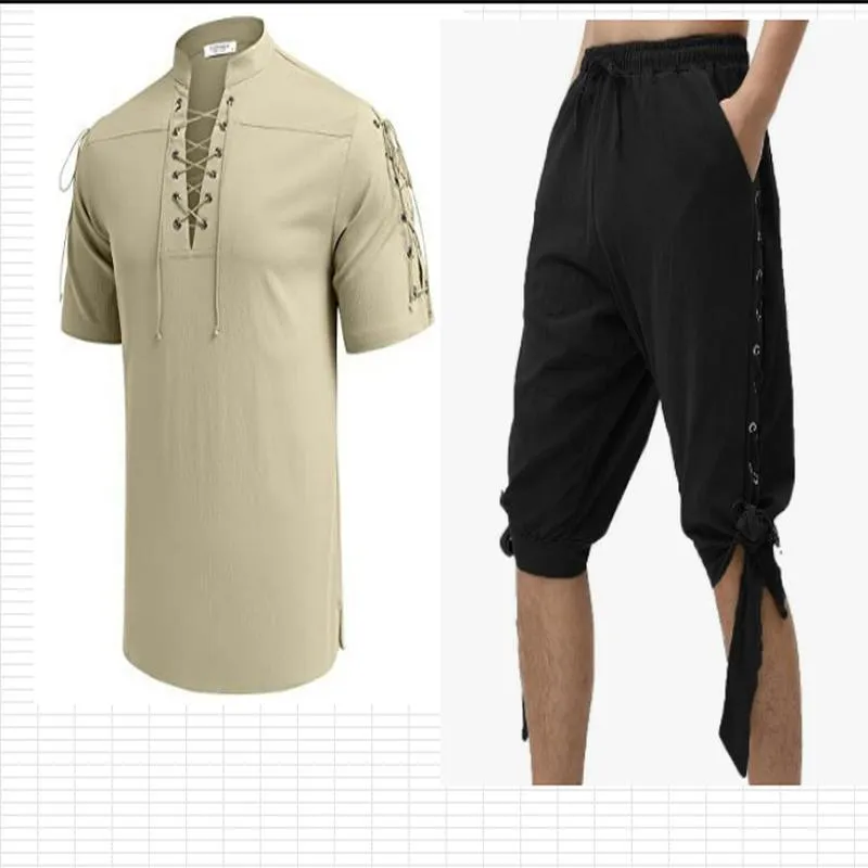 Mens Casual Cotton Linen Top And Bottom Stand Collar Short Sleeve Shirt And Long Pants Beach Vacation Outfit