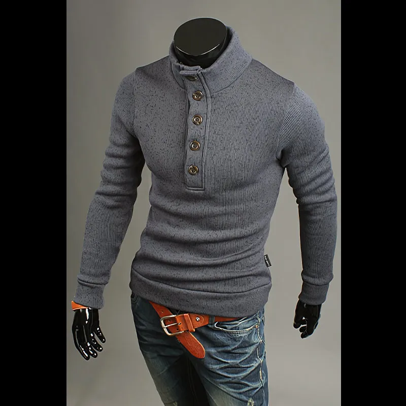 Men's Casual High Neck Button Long Sleeve Sweater Solid Color Linen Knit Pullover Fall Winter Fashion Clothing