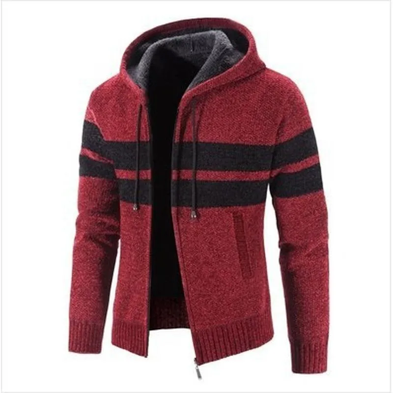 Herren Casual Baumwollmischung Gefütterter Kapuzen Cardigan Pullover Winter Warm Reißverschluss Strickjacke Farbblock Oberbekleidung