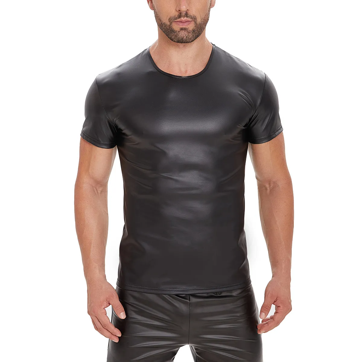 Ανδρικό Punk Στυλ Ματ Δέρμα Κοντό Μανίκι T-Shirt Slim Γραμμή Στρογγυλή Λαιμόκοψη Pullover Top για Καθημερινή Χρήση