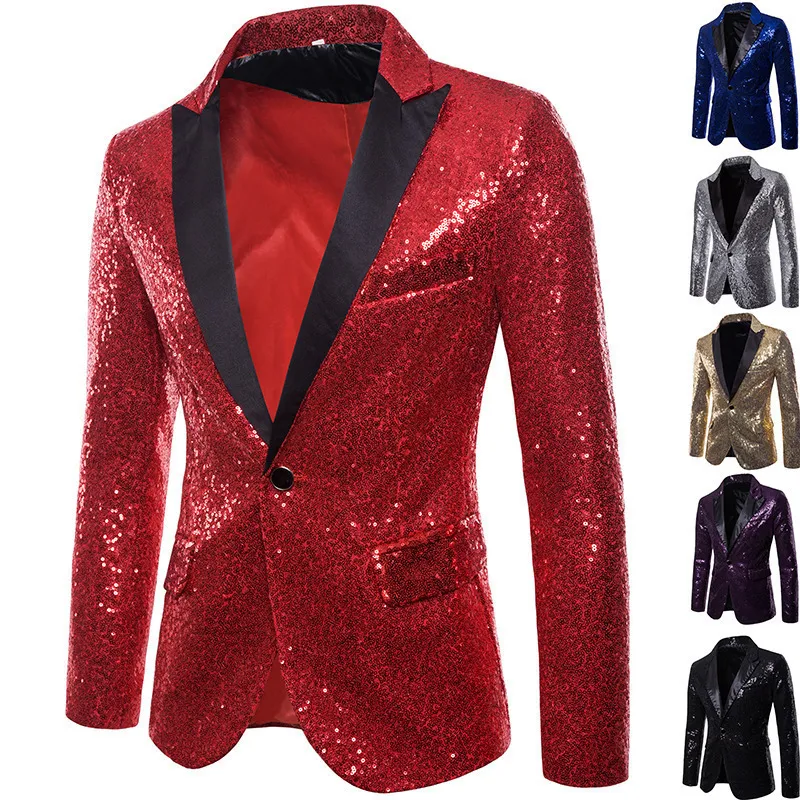 Chaqueta de Traje con Lentejuelas para Hombre Elegante Monoton Solapa de Muesca Blazer para Actuación en Escenario Fiesta Discoteca Hombre